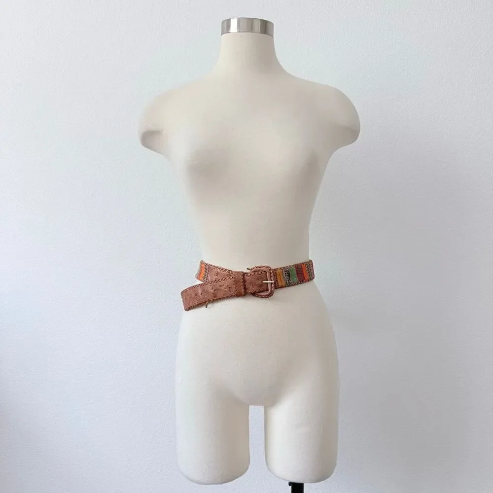 Vintage Whipstitch Brown Leather Stitched Belt Buckle Stripe Western XL